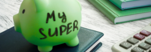 Piggy bank with "My Super" written on it, office supplies, financial planning, saving money, budgeting, Australia.